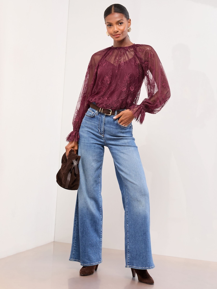 Lipsy Burgundy Red Lace Flared Cuff Blouse - Image 2 of 4