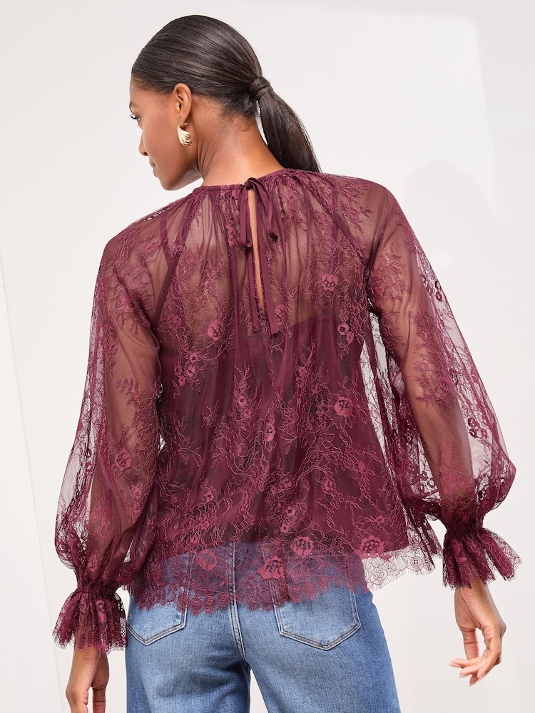 Lipsy Burgundy Red Lace Flared Cuff Blouse - Image 4 of 4