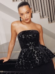 Lipsy Black Animal Velvet Peplum Bandeau Top - Image 1 of 4
