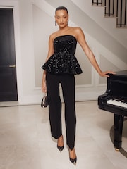 Lipsy Black Animal Velvet Peplum Bandeau Top - Image 3 of 4