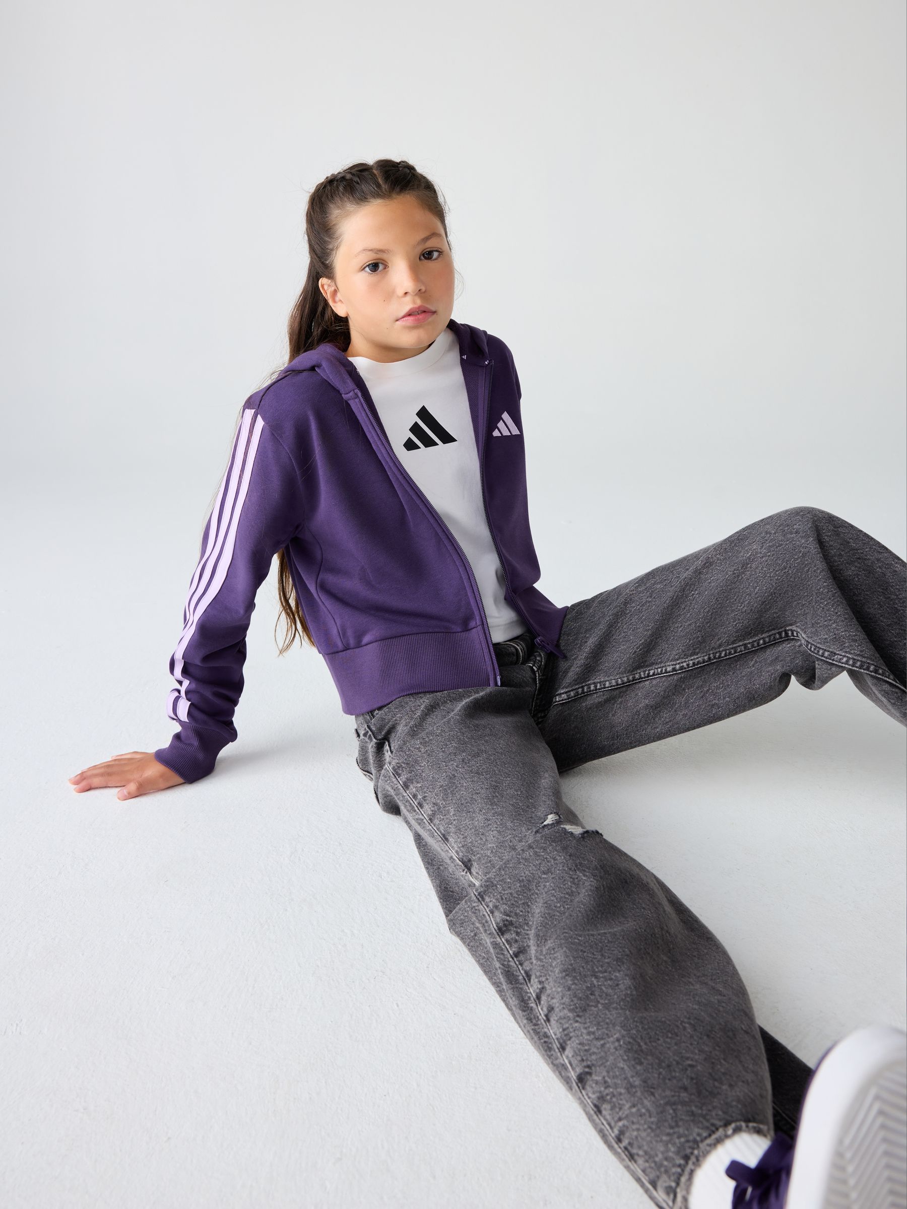 Buy adidas Purple Essentials 3-Stripes Crop Zip Kids Hoodie from