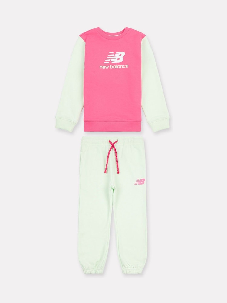 New Balance Green Kids Colourblock Crew & Joggers Set - Image 1 of 5