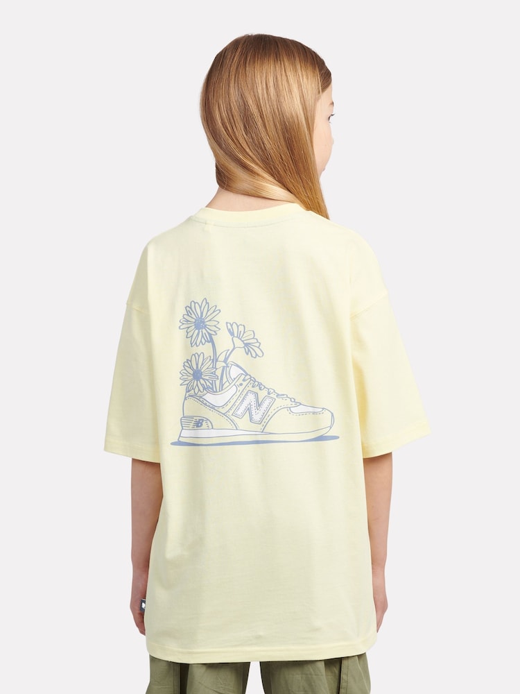 New Balance Yellow Kids Floral Sneaker Back Graphics 100% Cotton T-Shirt - Image 3 of 9