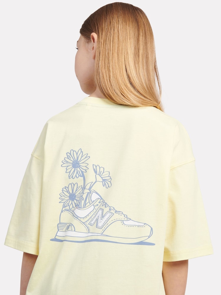 New Balance Yellow Kids Floral Sneaker Back Graphics 100% Cotton T-Shirt - Image 5 of 9