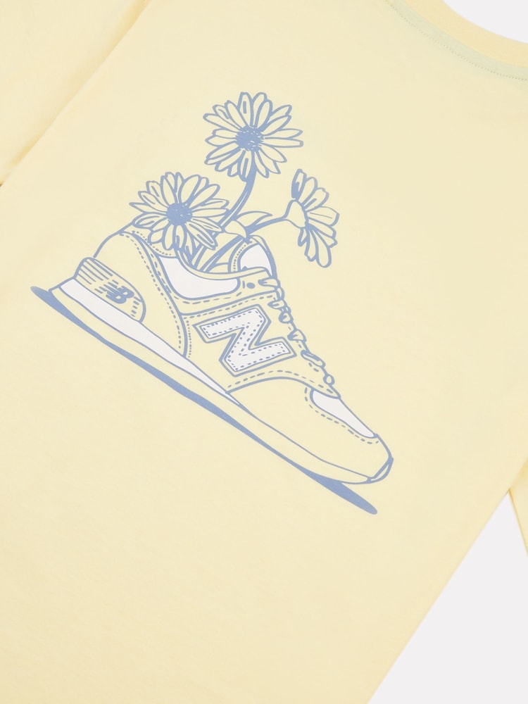 New Balance Yellow Kids Floral Sneaker Back Graphics 100% Cotton T-Shirt - Image 9 of 9