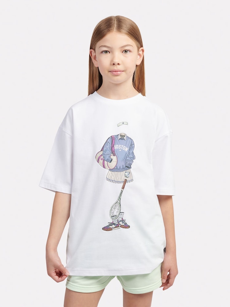 New Balance White Kids Tennis Girl Graphic 100% Cotton T-Shirt - Image 1 of 8