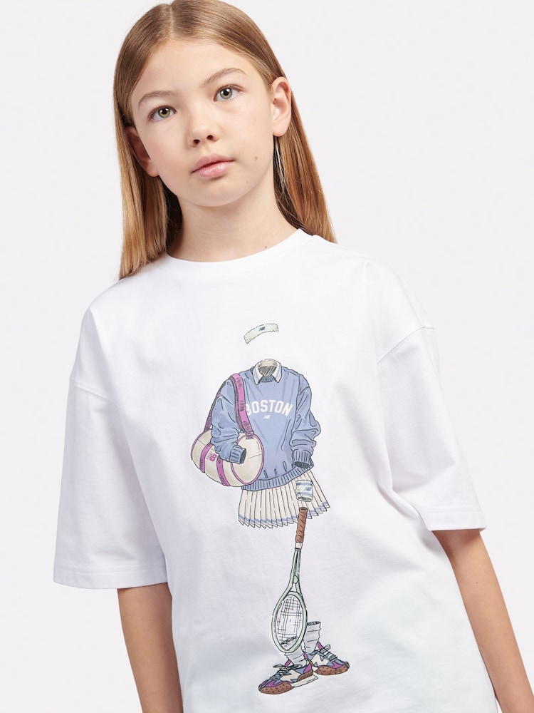 New Balance White Kids Tennis Girl Graphic 100% Cotton T-Shirt - Image 4 of 8
