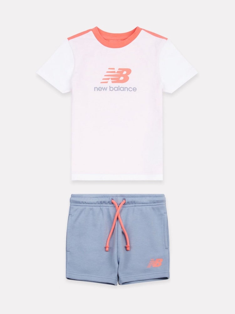 New Balance White/Blue Kids Jersey Ringer T-Shirt & Shorts Set - Image 1 of 3