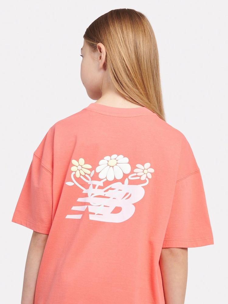 New Balance Red Kids Floral Vines Back Graphic 100% Cotton T-Shirt - Image 4 of 10