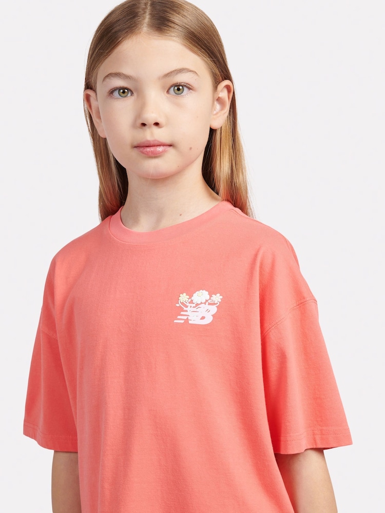 New Balance Red Kids Floral Vines Back Graphic 100% Cotton T-Shirt - Image 6 of 10