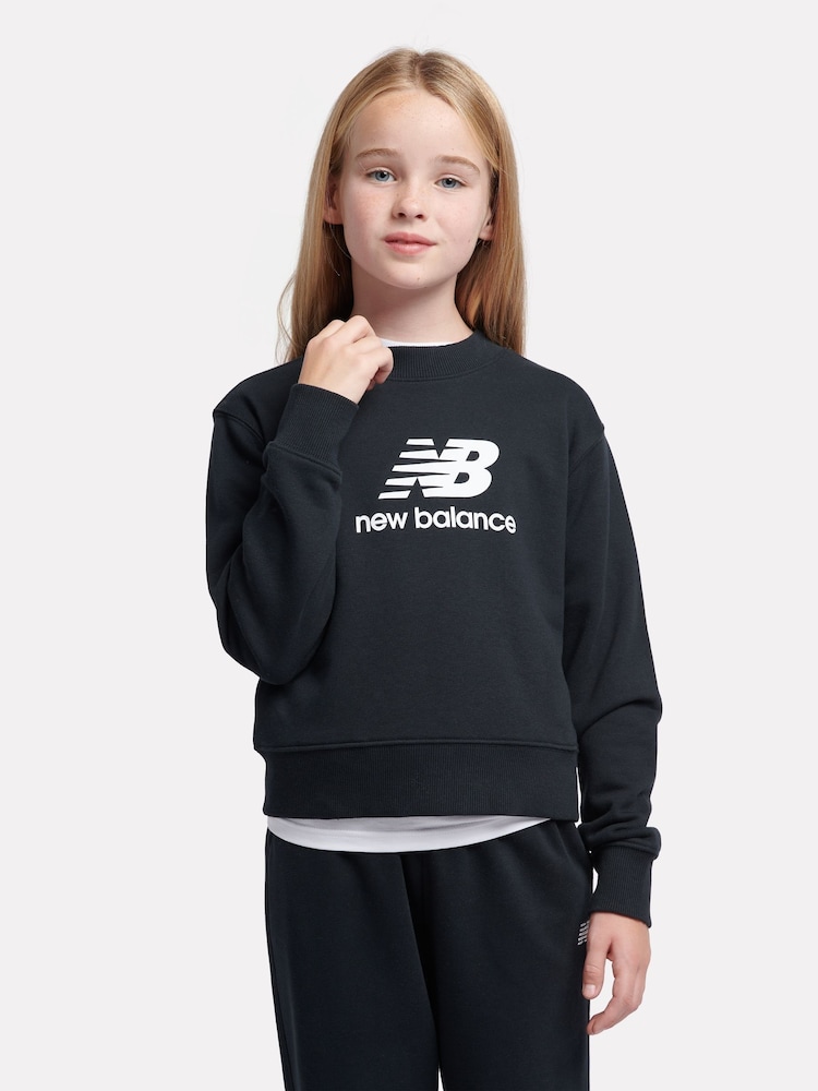 New Balance Black Kids French Terry Stacked Logo Crew Sweatshirt - Image 1 of 5