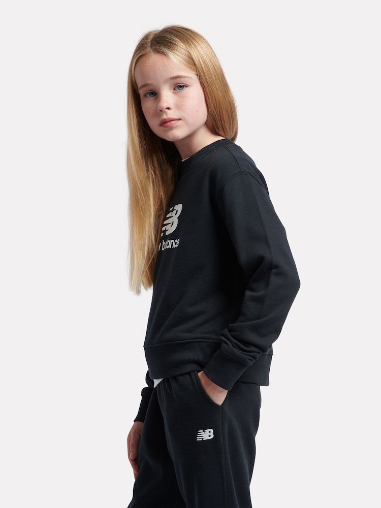 New Balance Black Kids French Terry Stacked Logo Crew Sweatshirt - Image 2 of 5