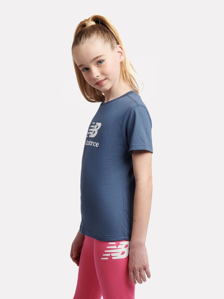 New Balance Blue Girls 100% Cotton Stacked Logo T-Shirt - Image 2 of 4