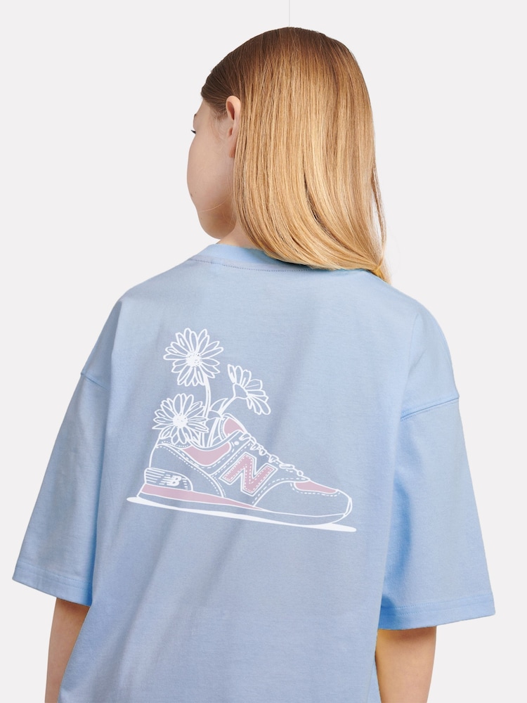 New Balance Blue Kids Floral Sneaker Back Graphics 100% Cotton T-Shirt - Image 6 of 10