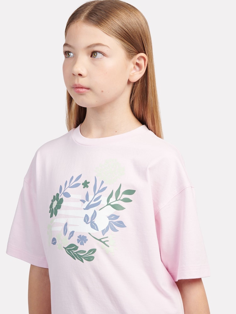New Balance Pink Kids Floral Graphic 100% Cotton T-Shirt - Image 4 of 6