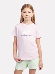 New Balance Light Pink Girls 100% Cotton Stacked Logo T-Shirt - Image 1 of 7