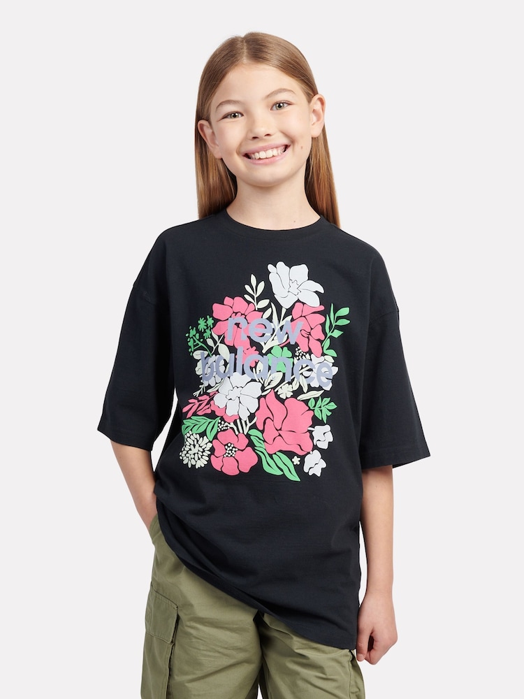 New Balance Black Kids Stacked Floral Graphic 100% Cotton T-Shirt - Image 1 of 9