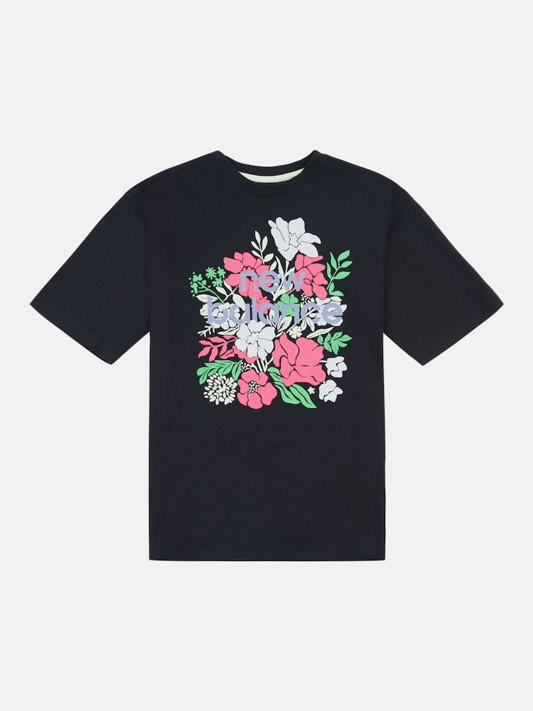 New Balance Black Kids Stacked Floral Graphic 100% Cotton T-Shirt - Image 7 of 9