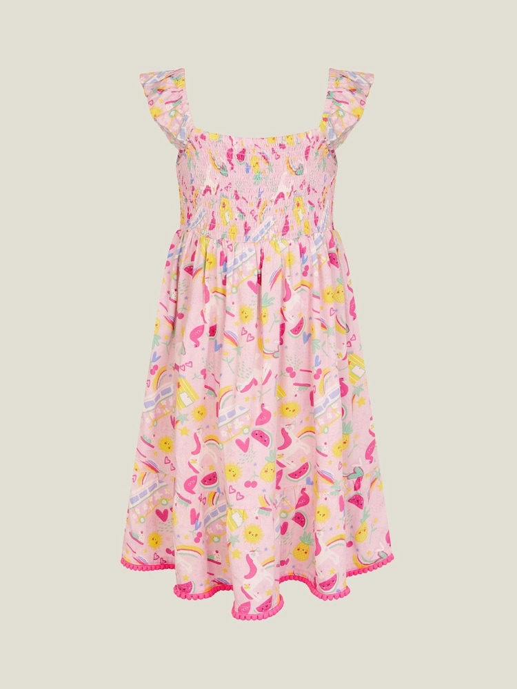 Angels By Accessorize Pink Girls Sunbeam Print Shirred Dress - Image 2 of 4