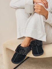 Black Suede Faux Fur Lined Mule Slippers - Image 1 of 8