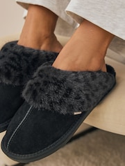 Black Suede Faux Fur Lined Mule Slippers - Image 2 of 8