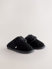Black Suede Faux Fur Lined Mule Slippers - Image 3 of 8