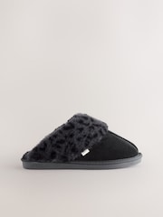 Black Suede Faux Fur Lined Mule Slippers - Image 4 of 8