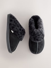 Black Suede Faux Fur Lined Mule Slippers - Image 5 of 8
