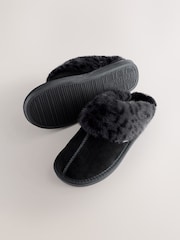 Black Suede Faux Fur Lined Mule Slippers - Image 6 of 8