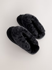 Black Suede Faux Fur Lined Mule Slippers - Image 8 of 8