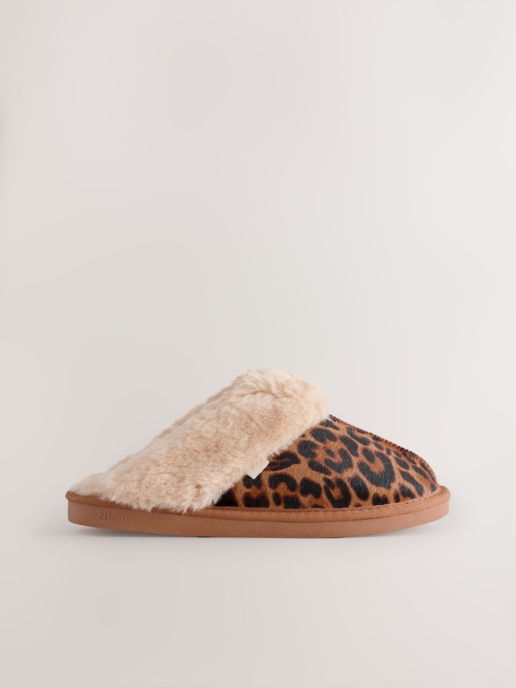 Animal Faux Fur Leopard Mule Slippers - Image 1 of 9