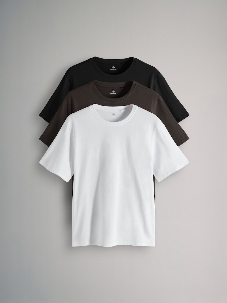 The Set Black/Chocolate Brown/White 3 Pack Relaxed Short Sleeve Cotton T-Shirt - Image 1 of 6