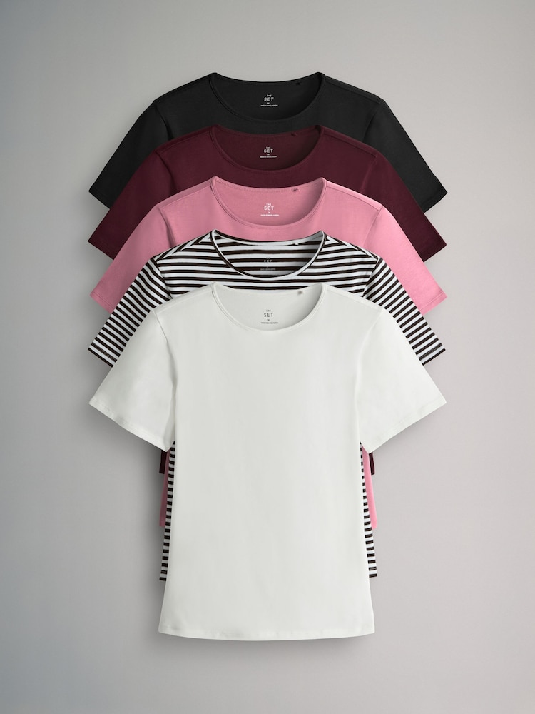 The Set Black/Stripe/Berry/Mid Pink/Cream 5 Pack Short Sleeve Fitted Crew Neck T-Shirts - Image 1 of 8 The Set Black/Stripe/Berry/Mid Pink/Cream 5 Pack Short Sleeve Fitted Crew Neck T-Shirts - Image 1 of 8