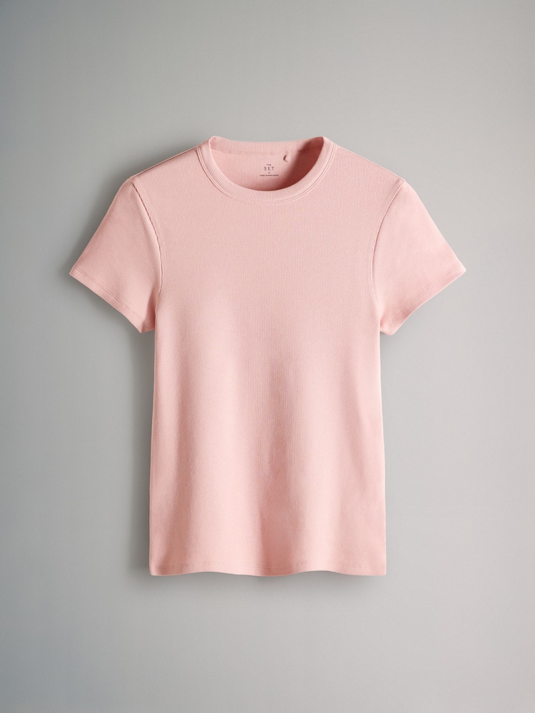 The Set Taupe/Pink/White 3 Pack Ribbed Short Sleeve T-Shirts - Image 2 of 6