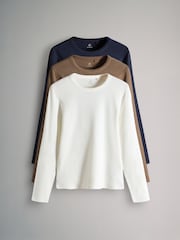 The Set Navy/Cream/Brown 3 Pack Long Sleeve Ribbed T-Shirts - Image 1 of 6