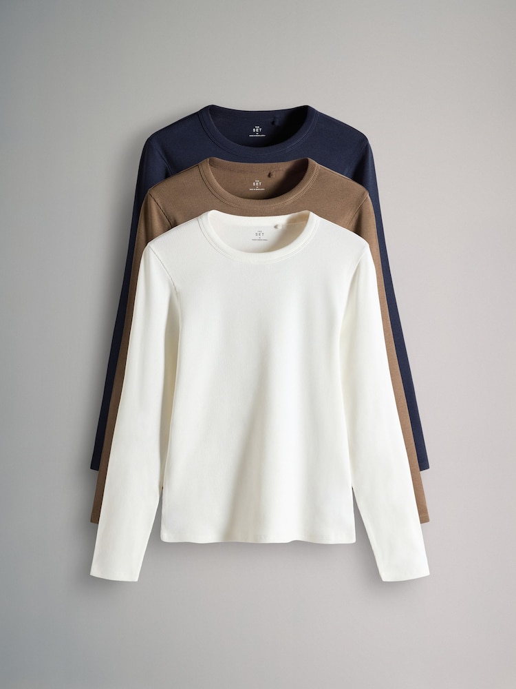 The Set Navy/Cream/Brown 3 Pack Long Sleeve Ribbed T-Shirts - Image 1 of 6