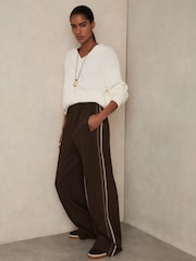 Reiss Chocolate Brown Robyn Side-Stripe Wide-Leg Trousers - Image 1 of 5