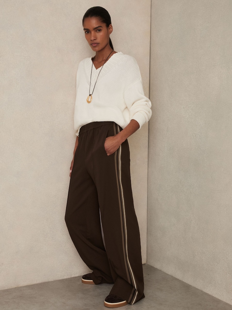 Reiss Chocolate Brown Robyn Side-Stripe Wide-Leg Trousers - Image 1 of 5