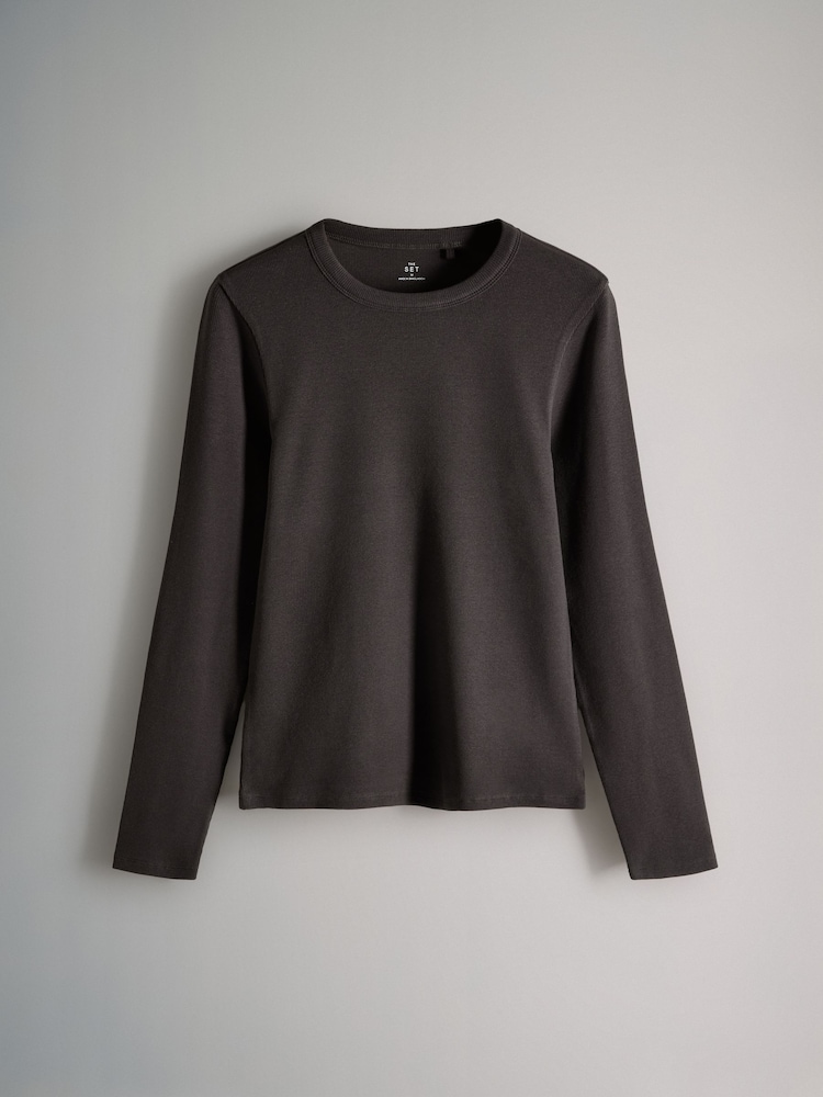 The Set Black/Chocolate/Cream 3 Pack Long Sleeve Ribbed T-Shirts - Image 2 of 6