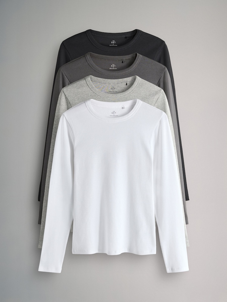 The Set Black/Charcoal Grey/Light Grey Marl/White 4 Pack Long Sleeve Ribbed T-Shirts - Image 1 of 7