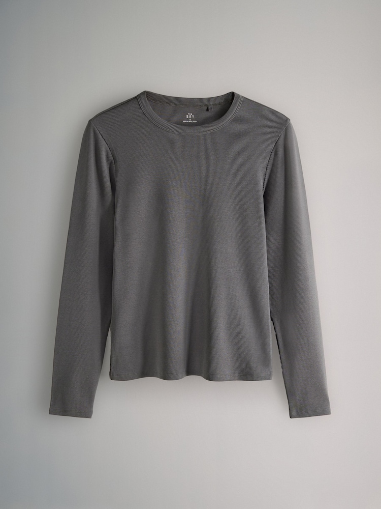 The Set Black/Charcoal Grey/Light Grey Marl/White 4 Pack Long Sleeve Ribbed T-Shirts - Image 2 of 7