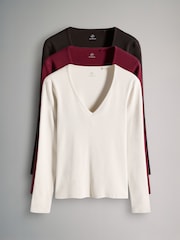 The Set Chocolate Brown/Dark Red/Warm Stone 3 Pack Ribbed Long Sleeve V-Neck T-Shirts - Image 1 of 6