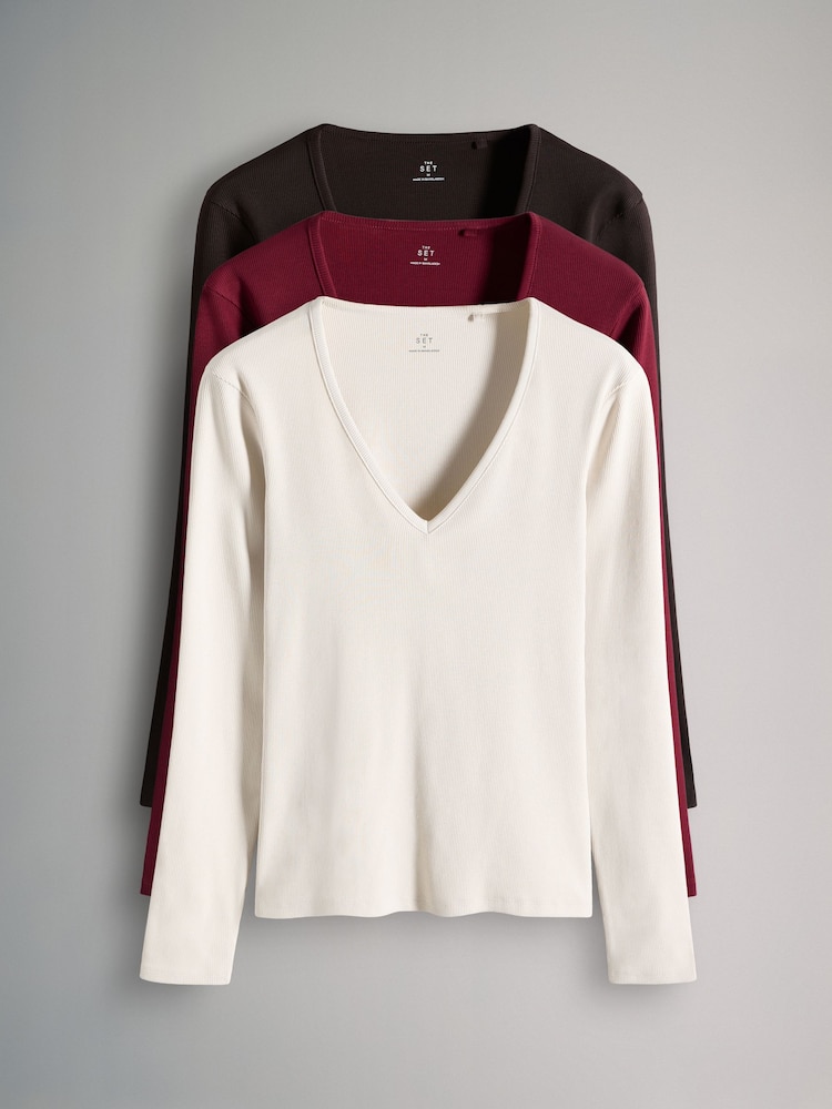 The Set Chocolate Brown/Dark Red/Warm Stone 3 Pack Ribbed Long Sleeve V-Neck T-Shirts - Image 1 of 6