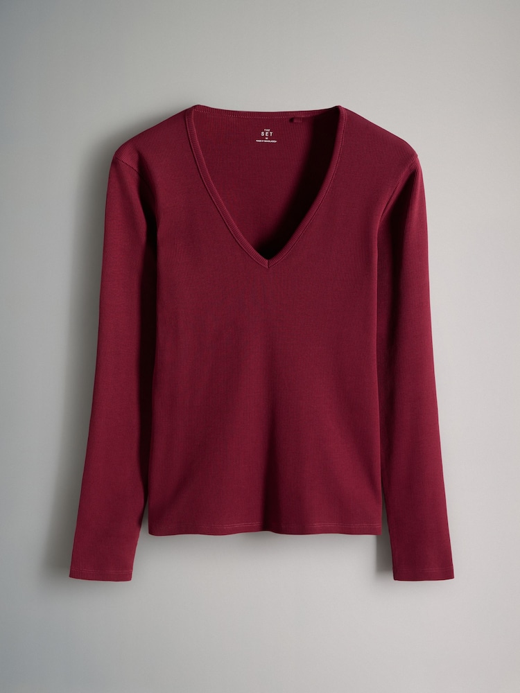 The Set Chocolate Brown/Dark Red/Warm Stone 3 Pack Ribbed Long Sleeve V-Neck T-Shirts - Image 2 of 6