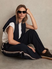 Reiss Navy Robyn Side-Stripe Wide-Leg Trousers - Image 1 of 7