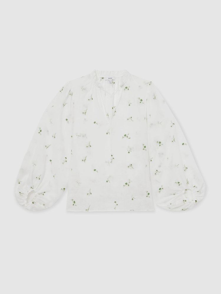 Reiss Maya Floral-Embroidered Tie-Neck Blouse Ramie-Lyocell - Bild 2 von 6