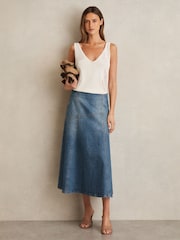 Reiss Indigo Fee Denim Panelled Midi Skirt - Image 1 of 6