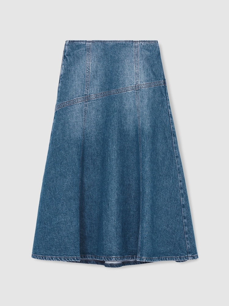 Reiss Indigo Fee Denim Panelled Midi Skirt - Image 2 of 6
