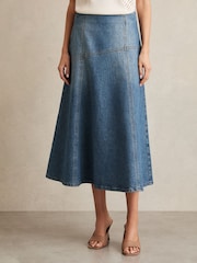 Reiss Indigo Fee Denim Panelled Midi Skirt - Image 3 of 6