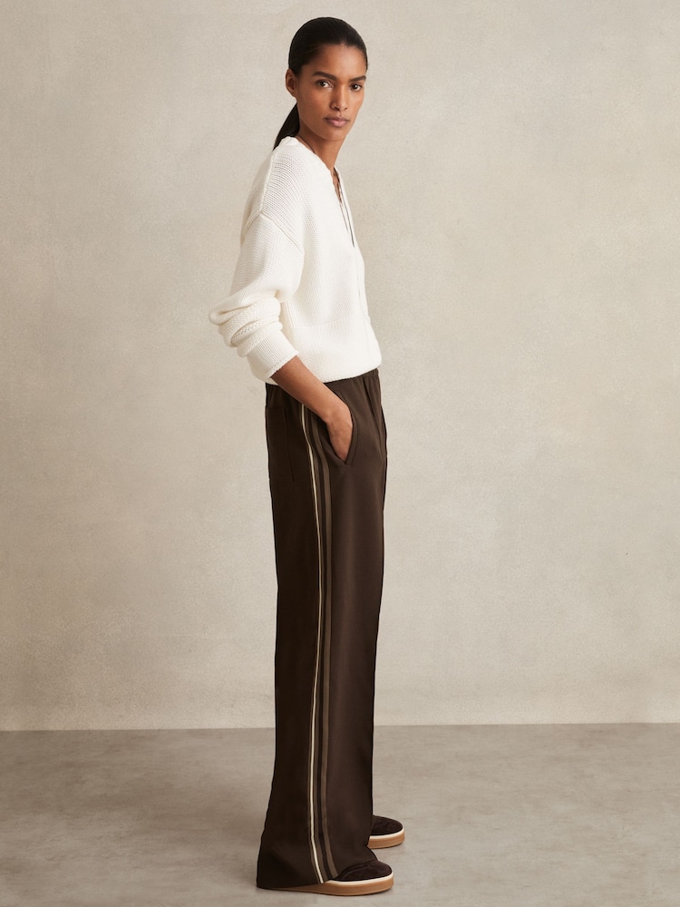 Reiss Chocolate Brown Robyn Petite Side-Stripe Wide-Leg Trousers - Image 1 of 6